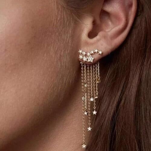 Hot Sale Fashion Metal Crystal Long Chain Tassel Star Pendant Earrings Long Chain Star Earrings Bohemian Ethnic Women Jewelry