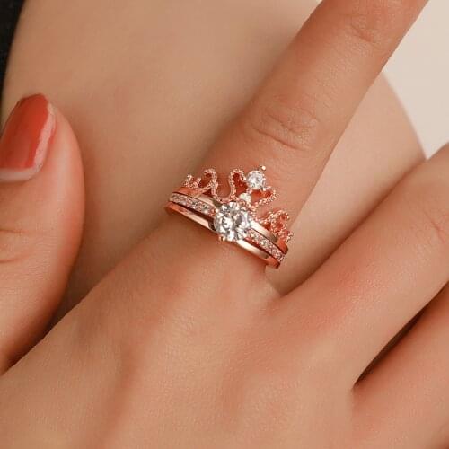 Fashion Rose Gold Silver Color Rings Crystal Heart Rings Womens Crown Zircon Ring Jewelry Womens Engagement Party Wholesale