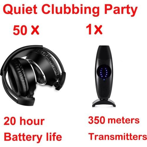 Silent Disco Headset system black folding wireless headphones - Quiet Clubbing Party Package (50 Headphones + 1 Transmitters)