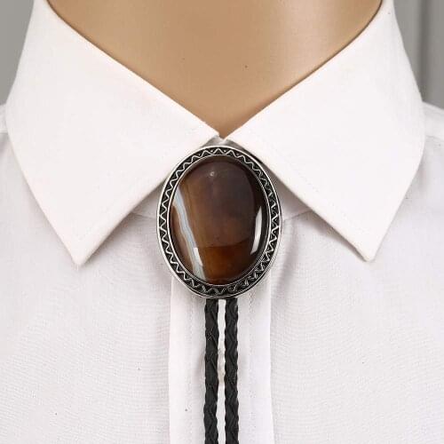 New design brown agateoxny bolo tie for man Indian cowboy western cowgirl leather rope zinc alloy necktie Oval shape wave side