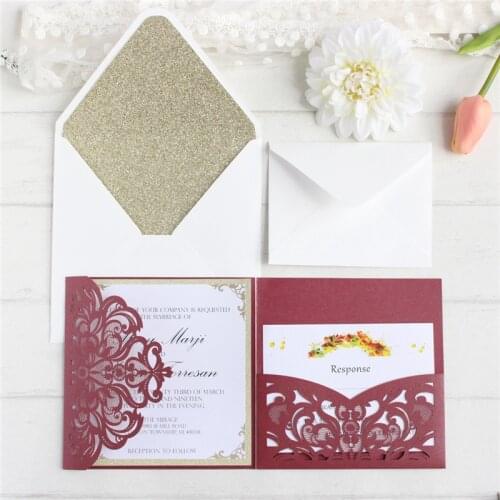 Personalized luxury wedding invitations laser cut wedding cards with RSVP envelop glittery greeting cards 50PCS