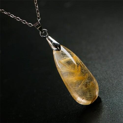 Genuine Natural Titanium Rutilated Quartz Crystal Waterdrop Bead Charm Women Suspension Pendant 31*13*9mm