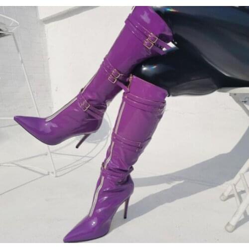 Drop Shipping Woman Purple Patent Leather Pointed Toe Knee High Boots Ladys Buckles Zipper Front Slim Stiletto Heels Botas
