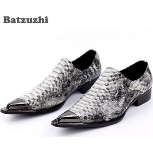 Batzuzhi Zapatos Hombre Pointed Toe Metal Tip Gray Python Handmade Men Leather Dress Shoes Fashion Hairdresser Shoes, Size 46