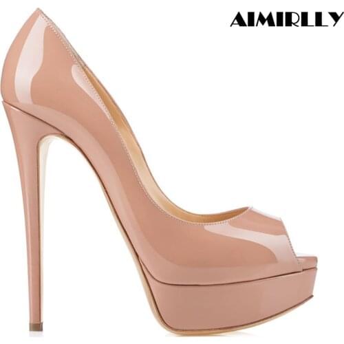 Womens Shoes Peep Toe High Heels Pumps Platform Stilettos Clubwear Party Shoes Patent Leather Sexy Thin Heels Slip-On Aimirlly
