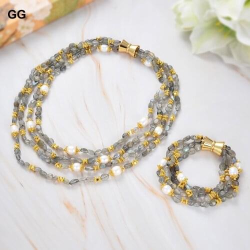 GuaiGuai Jewelry Natural 4 Strands Labradorite Cultured White Rice Pearl Necklace 19.5" Bracelet 8.5" Sets