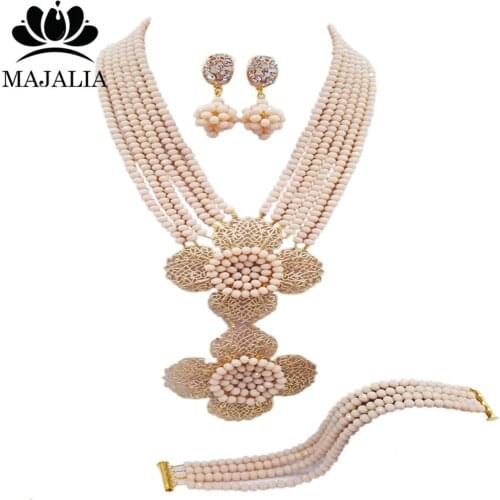 Majalia Classic Nigerian Wedding African Bead Jewelry Set Ivory Beige Crystal Necklace Bridal Jewelry Sets Free Shipping AU025