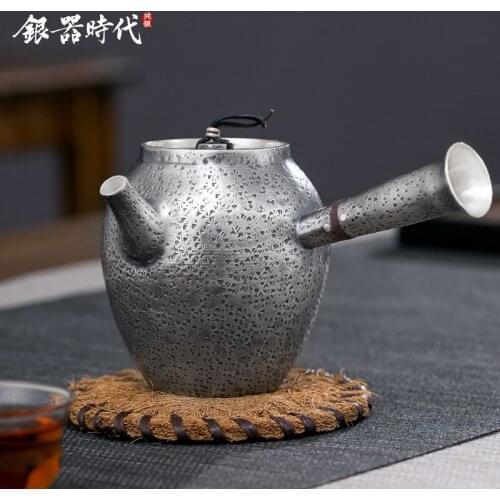Ag999 Sterling Silver Teapot Handmade Broadside Handle Kitchen Utensils Built-in Filter Handmade Coffee Tea Pot