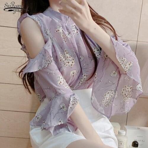 2021 Elegant Short Sleeve Floral Plus Size Women Shirts Summer Off Shoulder Chiffon Blouse Women Print Pullover Ladies Tops 9929