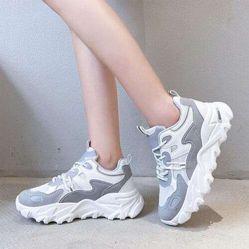 Womens Thick Bottom Vulcanized Shoes Air Mesh Lace-Up Patchwork Shallow Female Sneaker Breathable Leisure Ladies Daddy Shoe New