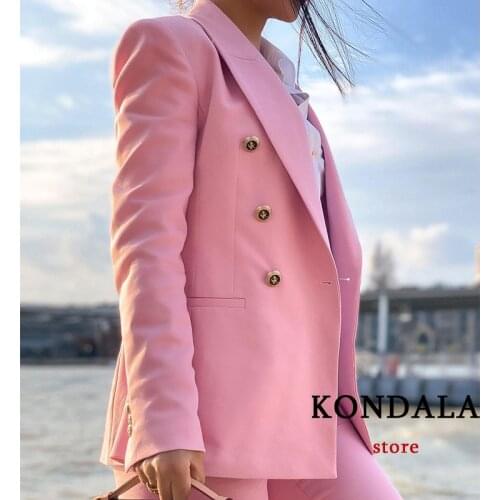 KONDALA Za 2021 Women Chic Pink Office Lady Blazer Fashion Autumn Long Sleeve V Neck Jacket Elegant Pockets Women Outwear Blazer