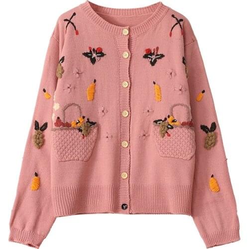 2021 Spring Autumn Flower Embroidery Cardigan Japan Style Women Jacket Loose Casual Knit Long Sleeve All-Matching Girls Sweater