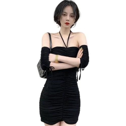 Short-Sleeved Short Tight Bag Hip Drawstring Solid Color Vestidos Women Summer Dress