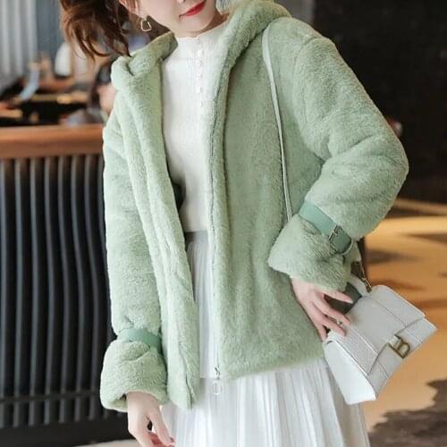 2021 Winter Warm Hooded Imitate Rabbit Mink Plush Padded Women Fur Coat Large Size Short Solid Color Fashion Womens Fur Coat