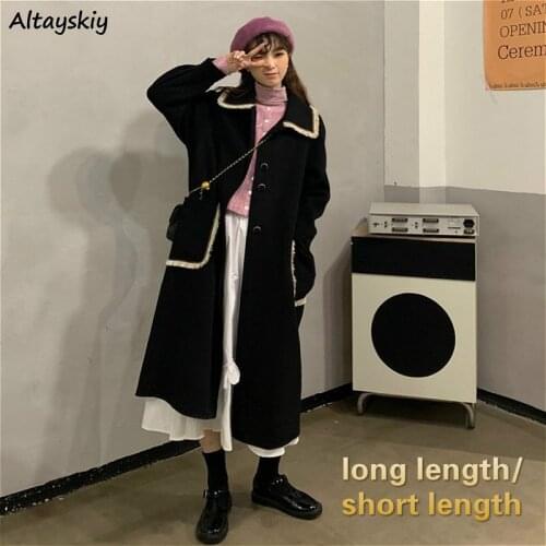 Blends Women Autumn Aesthetic Elegant Teens Clothes for Lady Black Patchwork Coat Classy Ulzzang Charm Fashion All-match Design