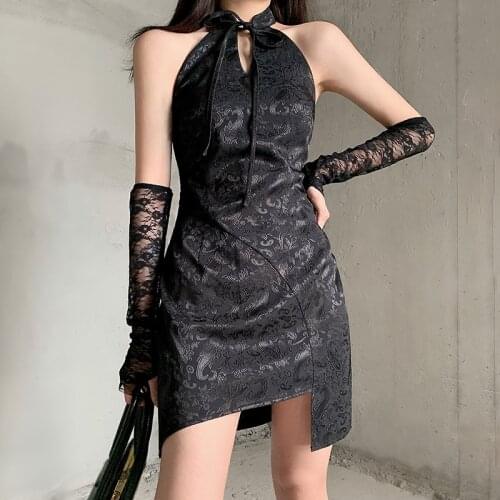 Sexy Vintage Black jacquard dress Elegant Cheongsam Gothic Hem Split Punk Chinese Style Bodycon Mini Dress Women Qipao