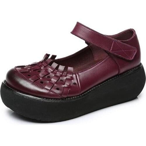 2021 New High Quality Cowhide Woven Hollow Simple Loose Comfortable Fashion Shoes Sandals Platform High Heels Wedges Women Shoes