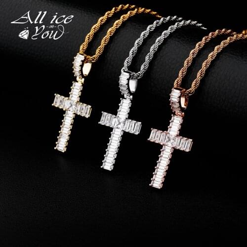 ALLICEONYOU New Baguette Iced Out Cubic Zircon Fashion Cross Crystal Pendant&Necklace Hip Hop Fashion Jewelry FemaleGift