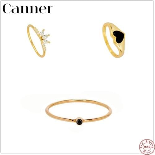 Canner Gold Color 925 Sterling Silver Finger Rings For Women Black CZ Charm Rings Wedding Engagement Jewelry Bague anillo W5