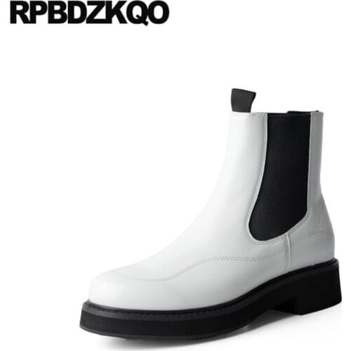 Chelsea Beige Autumn Size 34 Casual Girls Women Chunky Ankle Patent Leather Genuine White Platform Boots Short Round Toe Shoes