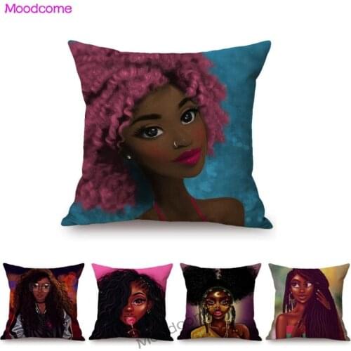 Black African Girl Comics Character Afro Hair Home Decorative Cotton Linen Sofa Throw Pillow Case Africa Chair Cushion Cover