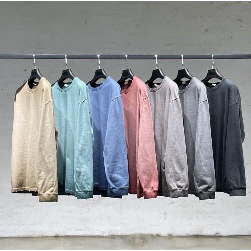 Gradient Heavy Cotton Thick T-shirt Ripped Cuffs Garment-Washed Long Sleeve Raglan Tee Kanye Streetwear