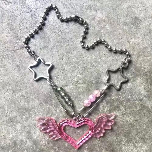 Harajuku Colorful Acrylic Angel Wing Pendant Stainless Steel Necklace for Women Men Punk Cool Couple Vintage Choker Jewelry Gift