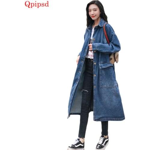 Korean New Style Denim Jeans Windbreakers 2021 Spring Autumn Long Trench Coats Female Casual Loose Overcoat Woman Jeans Overcoat