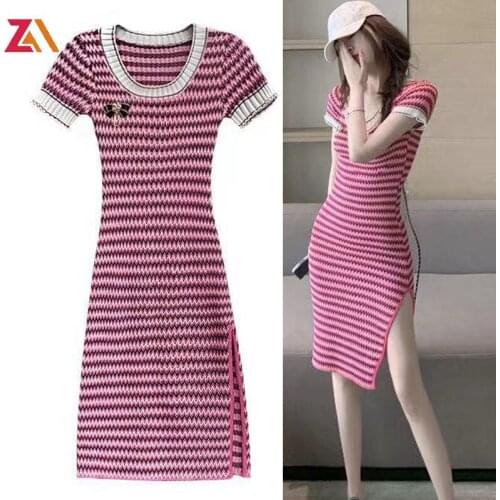 ZALady fashion chic knitting mini dresses for women Striped elasticity summer sexy bodycon knit woman slinky dress vestidos robe
