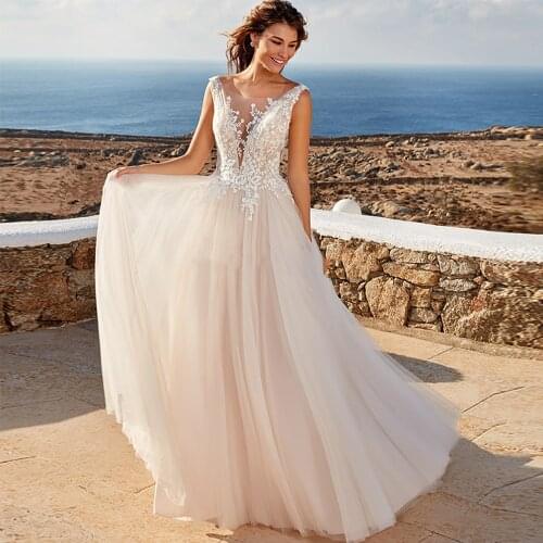 Fashion Tulle Wedding Dresses Illusion O-Neck Custom Made Bridal Gowns Backless Beach Dress Vestido De Noiva