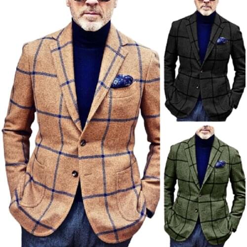 Mens Suit Jacket Vintage Casual Business V-neck Plaid Jacket Fashion Slim Fit Party Night Blazer For Groosmen Man Wedding