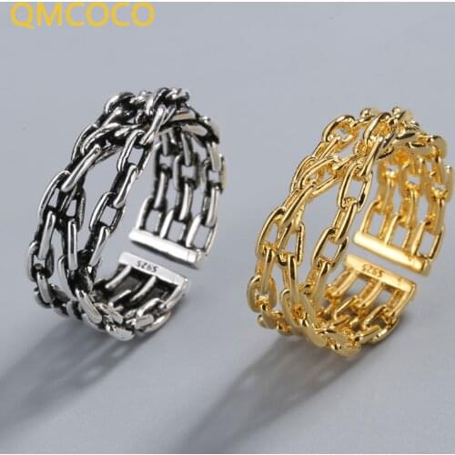 QMCOCO 925 Silver Punk Simple Rings For Women Chain Vintage Wedding Trendy Jewelry Open Adjustable Woman Finger Decoration