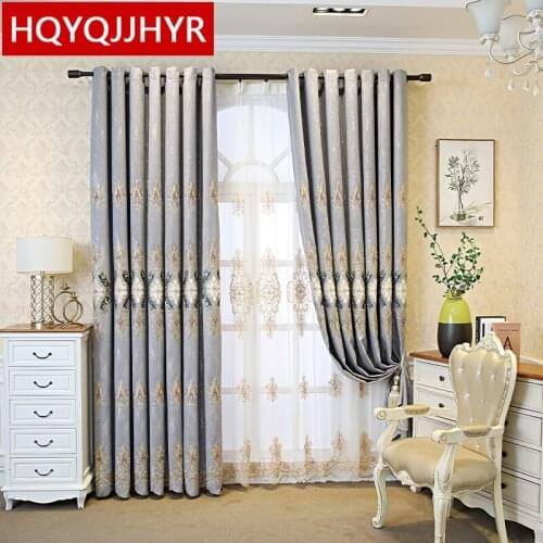 American luxury embroidered gray blackout curtains for living room high quality decoration custom curtains for bedroom kitchen
