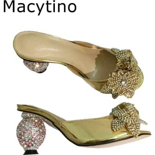 Crystal Round Ball Heel Women Slippers Summer Mules Slides Square Toe Shoes Bowtie Luxury Gold Wedding Sandals 10CM