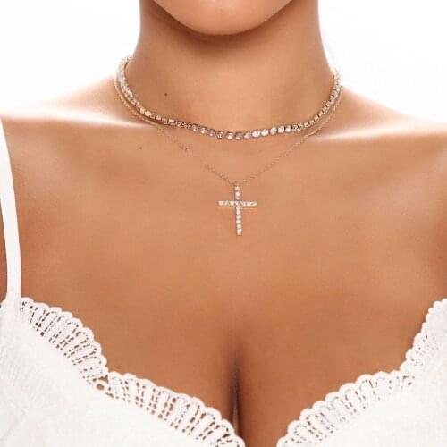 Sexy Full Rhinestone Cross Pendant Ladies Necklace Jewelry Shiny Multilayer Rhinestone Fashion Exquisite Neck chain Accessories