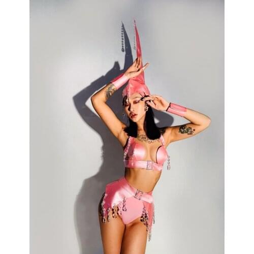 Sexy Bar Party Stage Costume PU Leather Crystals Pink 6 Pieces Dance Outfits Women Sets Nightclub DJ Singer Team Catwalk Clothes