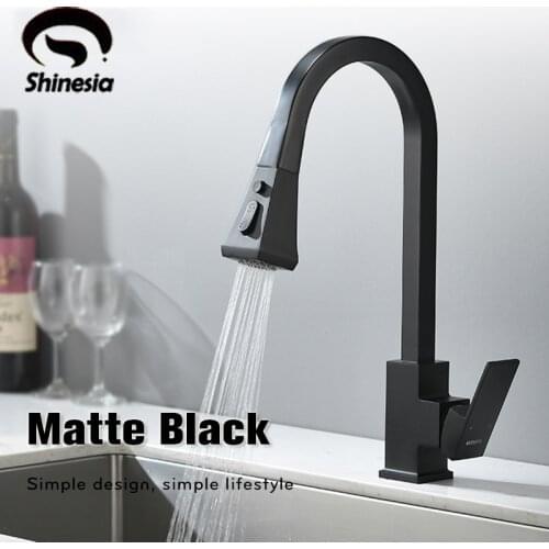 Shinesia Matte Black Kitchen Faucet Pull Out Sprayer Nozzle Simple 360 Degree Rotation Hot and Cold Water SInk Mixer Tap