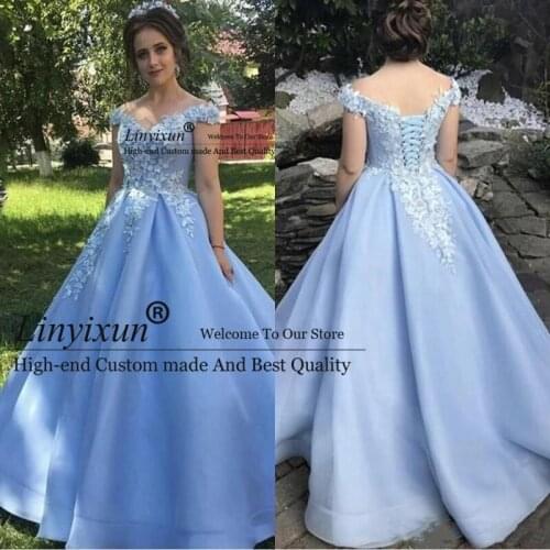 Light Sky Blue Prom Dresses Party Queen Floral Appliques Lace Corset Back Off Shoulder A Line Floor Length Evening Gowns