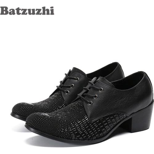 Batzuzhi 6.5cm High Heels Men Shoes Pointed Toe Black Leather Dress Shoes Business, Party and Wedding Zapatos Hombre, Big Sizes