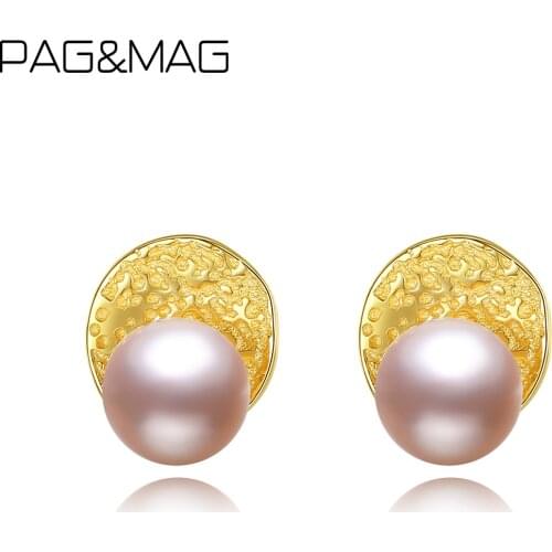 PAG&MAG 10mm Freashwater Pearls Vintage Style Stud Earrings Real 925 Sterling Silver Earrings For Women Fine Jewelry FE-0284