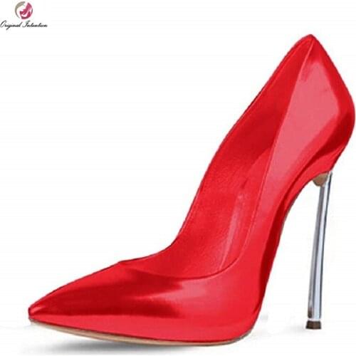 Original Intention Popular Woman Pumps Black Apricot Red Fushia Pointed Toe Metal Stiletto High Heels Sexy Elegant Lady Shoes