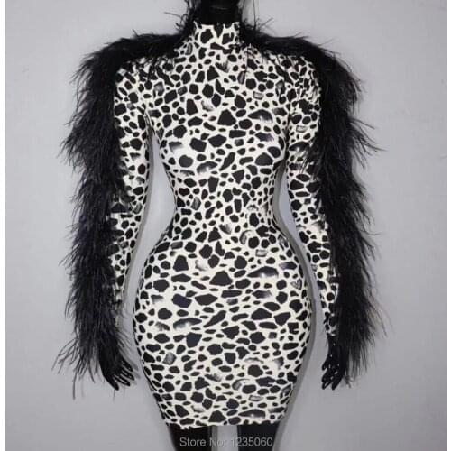 Fashion Leopard Spandex Stretch Dress Birthday Party Celebrate Black Feather Dress Women Singer Nightclub Dance Outfit Dress