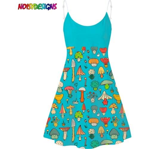 NOISYDESIGNS Women Sleeveless Dress Mini Spaghetti Strap Blue Womens Clothes Smiling Mushrooms Printing Dress Women Roupas