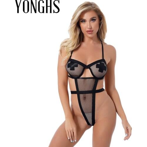 Womens Lingerie Sexy Nightwear See-through Mesh High Cut Bodysuit Adjustable Straps Hollow Out Fishnet Underwire Cup Leotard