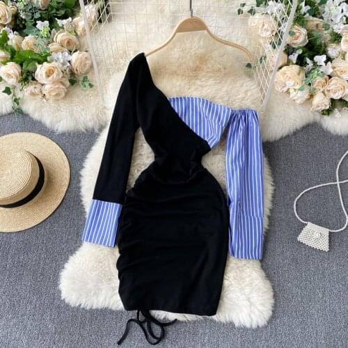 Blue Striped Patchwork One Shoulder Long Sleeve Women Dress 2021 Spring Fashion Ruched Drawstring Mini Bodycon Party Dresses