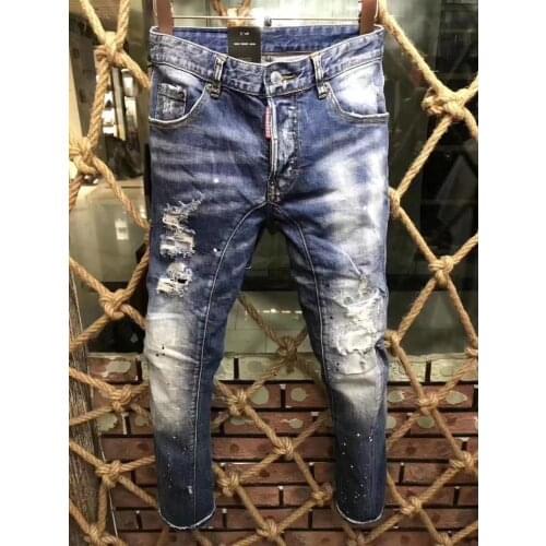 2021 Fashion Trend Dsquared2 Mens Ripped Paint Dot Motorcycle Jeans *A336