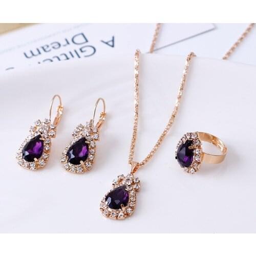 2021 Fashion Trend New Jewelry Water Drop Full Diamond Necklace Earrings Ring Set Shiny Bridal Necklace Jewelry Set Gift