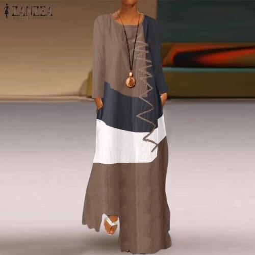 2021 ZANZEA Women Vintage Cotton Linen Sundress Casual Long Sleeve Color Pacthwork Dress Autumn Maxi Long Vestido Robe Kaftan