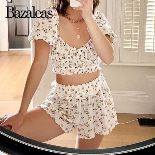 Bazaleas Retro Ruched Crop Top And Short Vintage Summer Floral Print Tracksuit Harajuku 2 Piece Set Fashion Women Suit