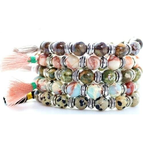 8mm Natural stone beads tassel pendant charm stretch bangle bracelet for women gift